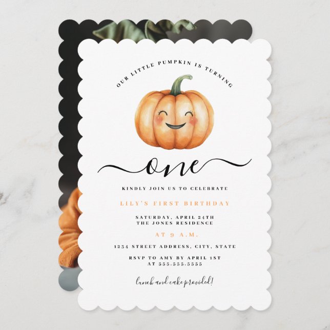 Cute Photo Little Pumpkin First Birthday Party  Invitation (Front/Back)