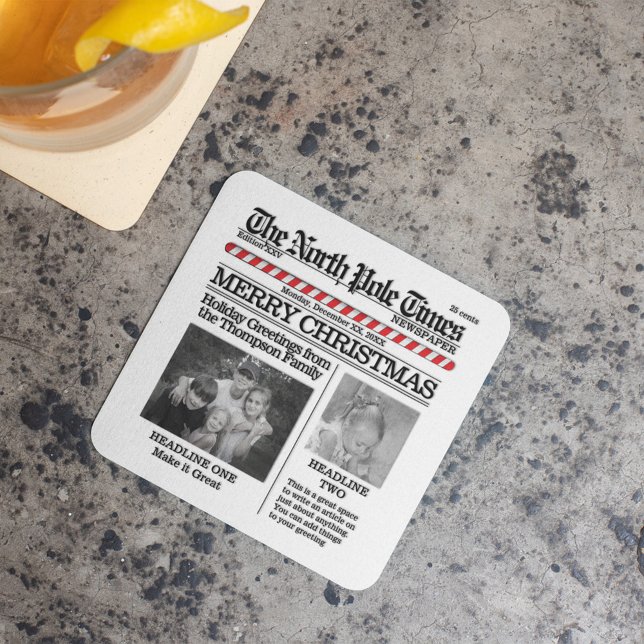 Cute Photo Newspaper Christmas Party Beverage Coaster (Merry Christmas Cute Newspaper photo paper coaster)