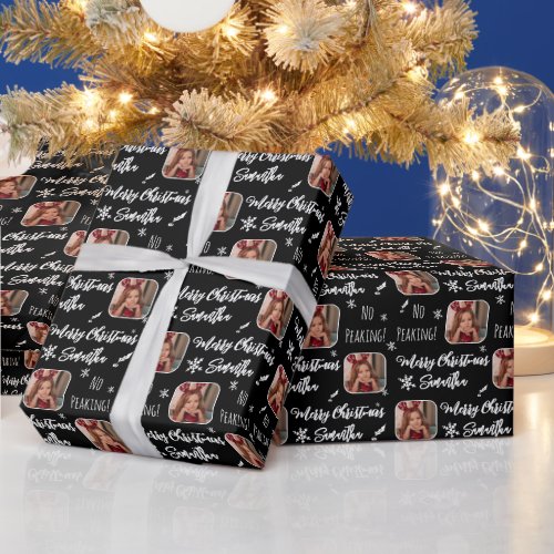 Cute photo no peaking Christmas pattern black Wrapping Paper