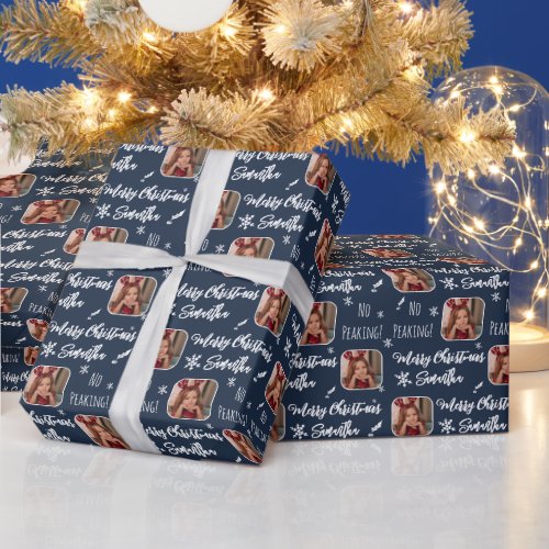 Cute photo no peaking Christmas pattern navy blue Wrapping Paper