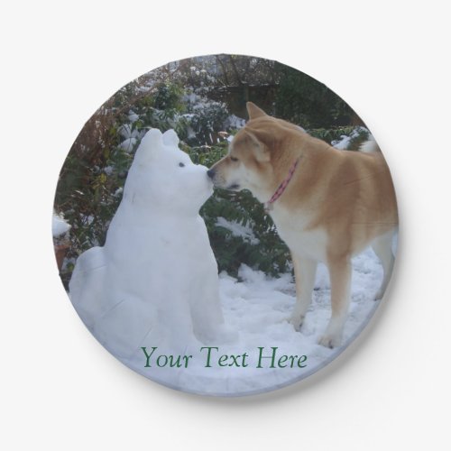 cute photo of dog kissing snowman at christmas paper plates