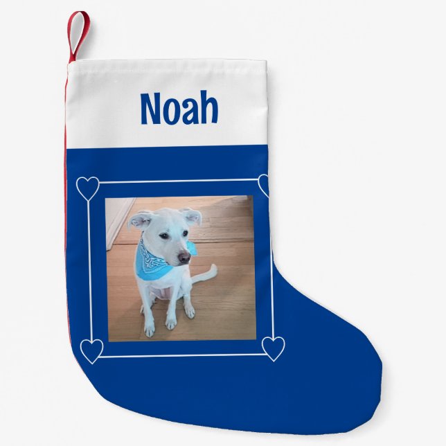 Cute Photo of Sweet Puppy Dog Blue and White Small Christmas Stocking (Front)