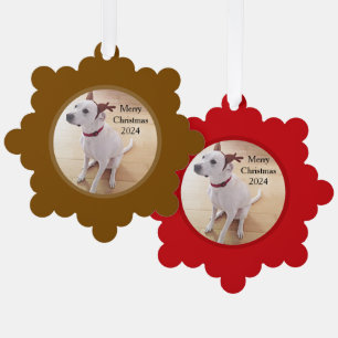 Cute Photo of White Reindeer Dog Wearing Antlers Ornament Card