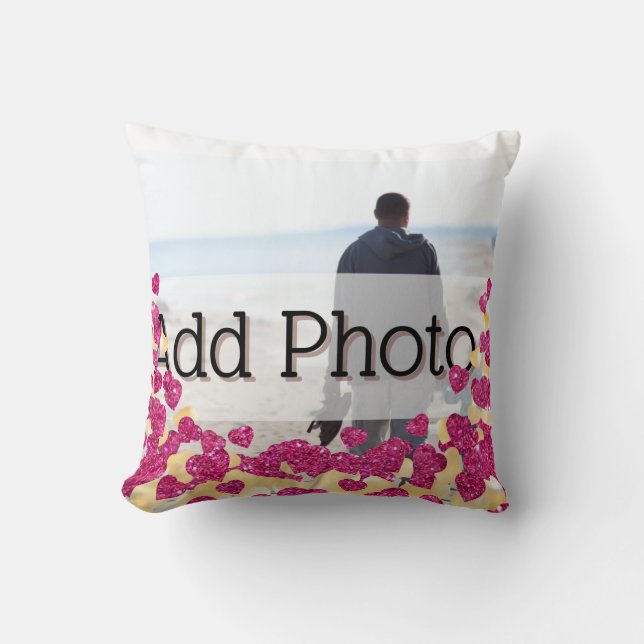 Cute Photo Pink and Gold Glitter Heart Modern love Throw Pillow (Front)