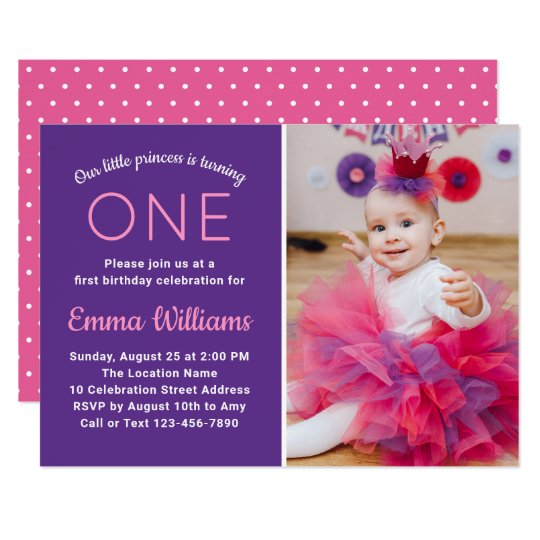 Cute Photo Pink Purple Princess Girl 1st Birthday Invitation | Zazzle.com