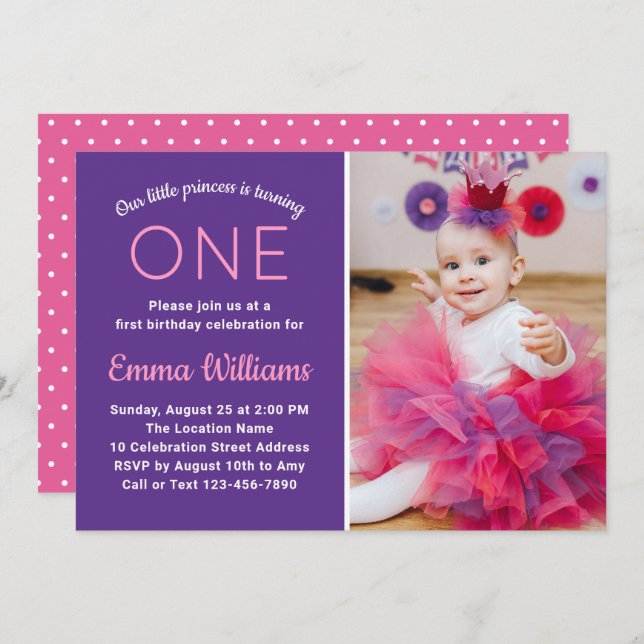 Cute Photo Pink Purple Princess Girl 1st Birthday Invitation (Front/Back)