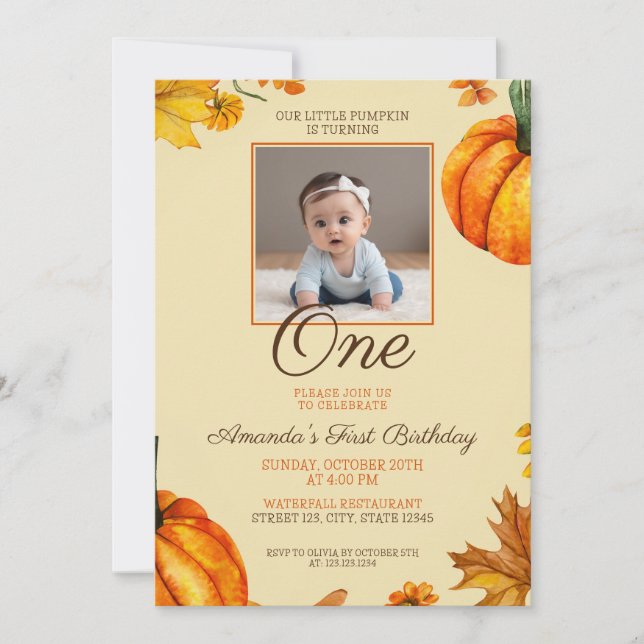 Cute Photo Pumpkin Baby 1st Birthday Invitation (Front)