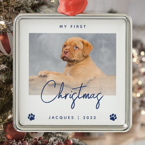 Cute Photo Puppy 1st Christmas Paw Prints Blue Metal Ornament