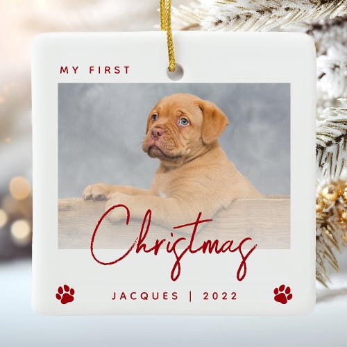 Cute Photo Puppy 1st Christmas Paw Prints Red Ceramic Ornament