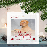 Cute Photo Puppy 1st Christmas Paw Prints Red Glass Ornament<br><div class="desc">Celebrate your puppy's first Christmas with this modern minimalist photo keepsake ornament. The red text reads "My first Christmas, " with the word "Christmas" in trendy handwriting script. Easily replace the sample image with your favorite photo, and add your puppy's name and the year below, framed by a pair of...</div>