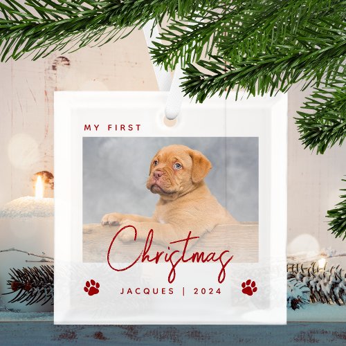 Cute Photo Puppy 1st Christmas Paw Prints Red Glass Ornament