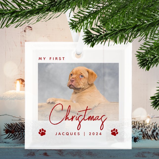 Cute Photo Puppy 1st Christmas Paw Prints Red Glass Ornament (Creator Uploaded)