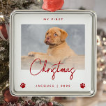 Cute Photo Puppy 1st Christmas Paw Prints Red Metal Ornament<br><div class="desc">Celebrate your puppy's first Christmas with this modern minimalist photo keepsake ornament. The red text reads "My first Christmas, " with the word "Christmas" in trendy handwriting script. Easily replace the sample image with your favorite photo, and add your puppy's name and the year below, framed by a pair of...</div>