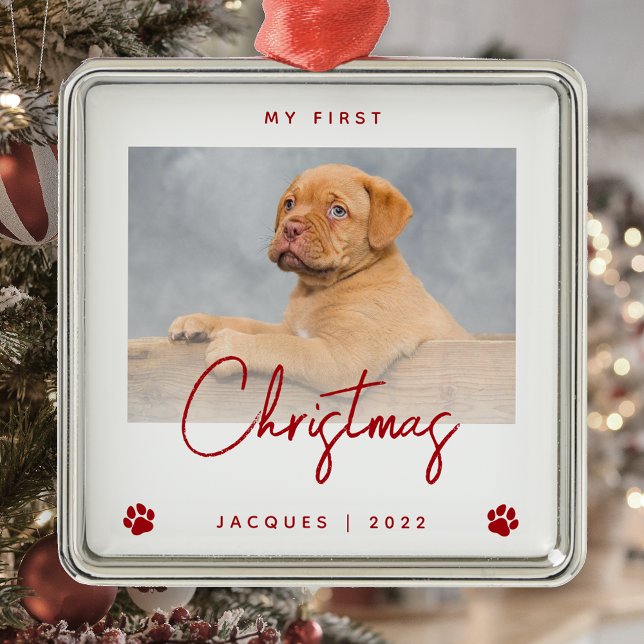 Cute Photo Puppy 1st Christmas Paw Prints Red Metal Ornament (Creator Uploaded)