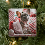 Cute Photo Puppy Dog First Christmas Ceramic Ornament<br><div class="desc">Cute Christmas ornament featuring two photos of your pet dog or cat and elegant typography. The front side has your pet's name in a large format white handwriting along with your personalized holiday greeting. The backside has the second picture with the year. This ornament makes the perfect gift for your...</div>