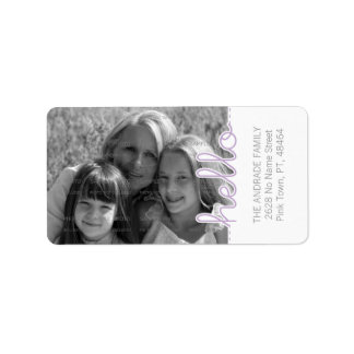 Cute Photo Purple White Hello Cutout Vertical Text Label