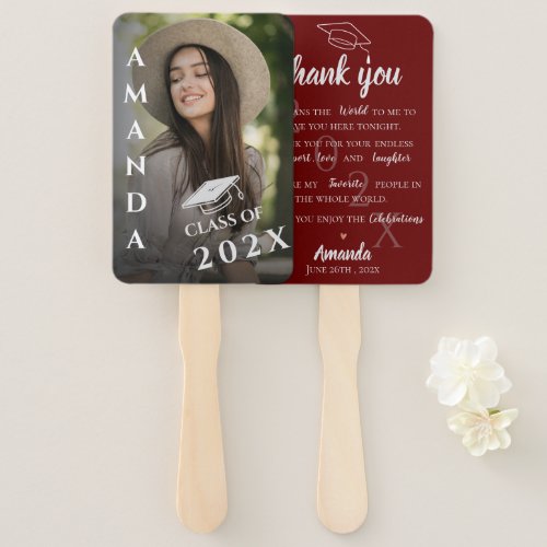 Cute Photo Quote Red 2024 Graduation Thank You Hand Fan