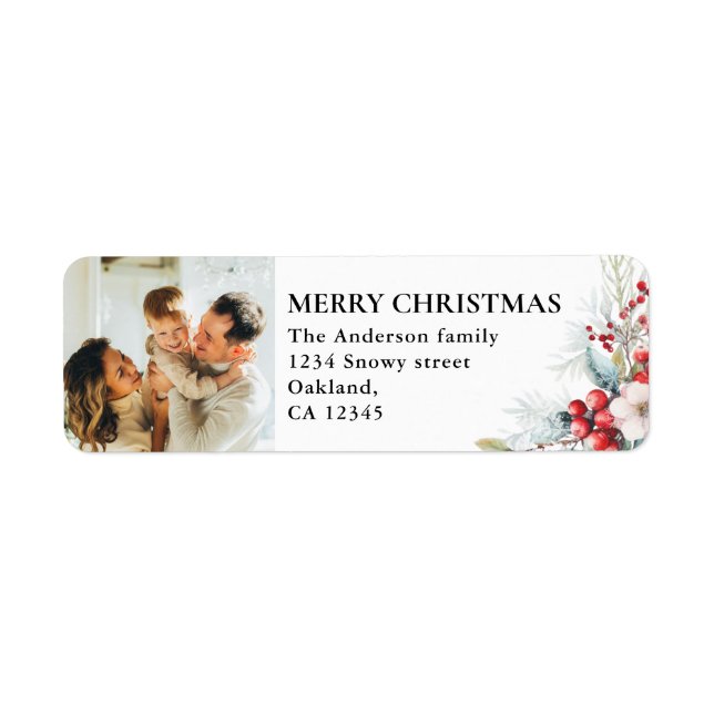 Cute Photo & Red Berries | Green Merry Christmas Label (Front)