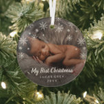 Cute Photo Snowflakes Baby First Christmas Glass Ornament<br><div class="desc">Did you have a baby this year? Add a memory to your tree with this cute keepsake ornament featuring a modern and simple design with snowflakes and the message, "My First Christmas" in chalk script along with your baby's name and the year, over your favorite newborn photo. A gender neutral...</div>