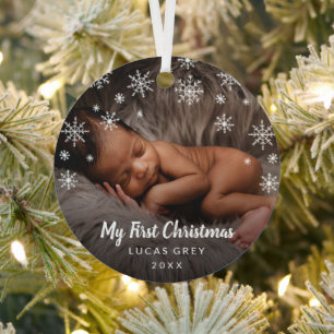 Cute Photo Snowflakes Baby First Christmas Metal Ornament