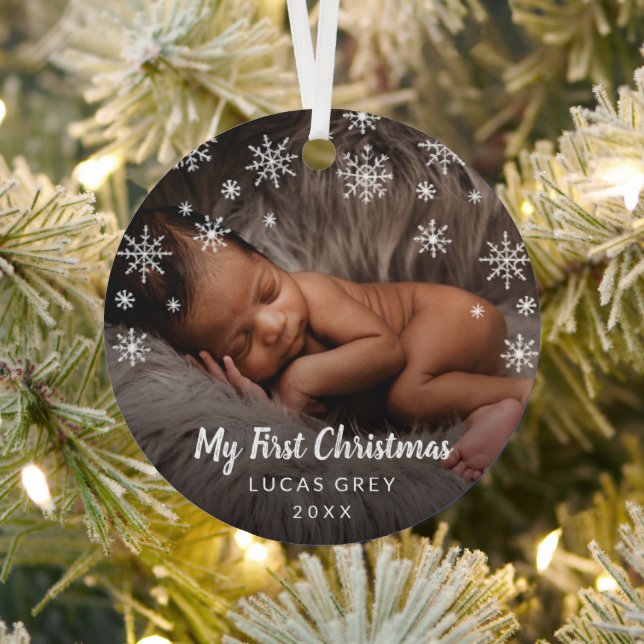 Cute Photo Snowflakes Baby First Christmas Metal Ornament (Insitu)