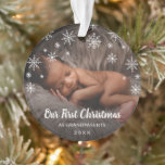 Cute Photo Snowflakes Grandparents First Christmas Ornament<br><div class="desc">Cute Christmas Ornament featuring a simple yet elegant design with snowflakes at the top and "Our First Christmas as Grandparents" in chalk script along with baby's birth year over your favorite newborn photo. This modern gender neutral baby ornament makes a great gift for new grandparents, whether your new baby is...</div>
