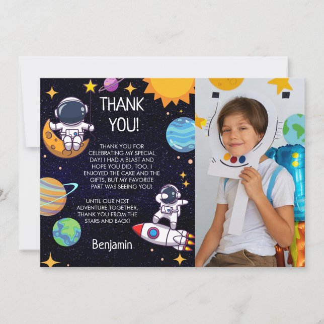 Cute Photo Space Theme Any Age Birthday Thank You Card (Front)