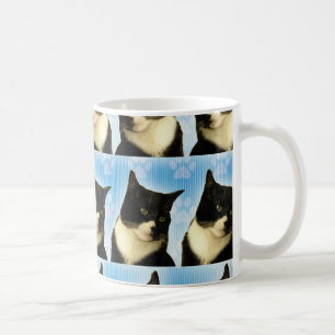 Cute Photo Tuxedo Cat on Blue Pattern Coffee Mug