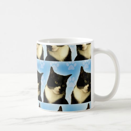 Cute  Photo Tuxedo Cat on Blue  Pattern Coffee Mug
