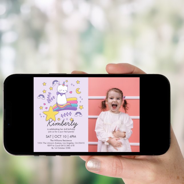 Cute Photo Unicorn Cat Kids Birthday Party Invitation (Front Digital)