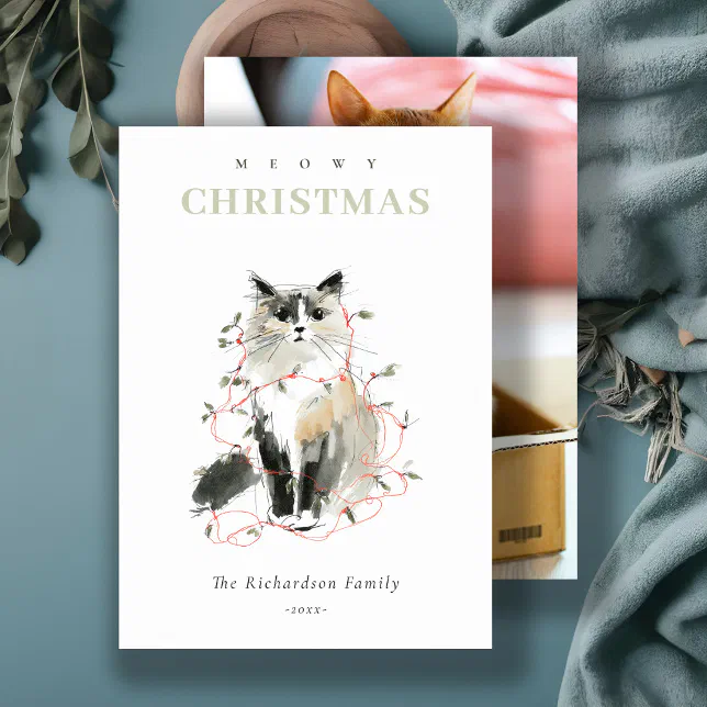 Cute Photo Watercolor Meowy Christmas Lights Cat Holiday Card | Zazzle