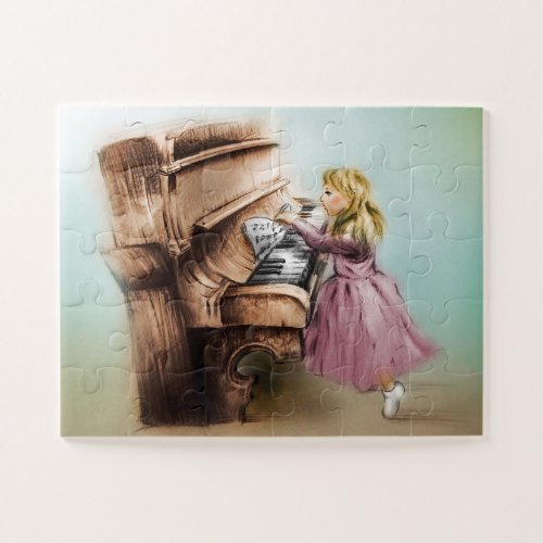 Cute Piano Girl Elegant Vintage Art for Kids Jigsaw Puzzle