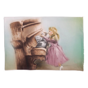 Cute Piano Girl, Elegant Vintage Art for Kids Pillow Case