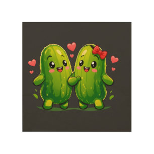 Cute Pickle Couple Funny Kawaii Pickles Wood Wall Art
