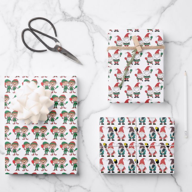 Cute Pickleball Christmas Elves and Gnomes Wrapping Paper Sheets (Front)