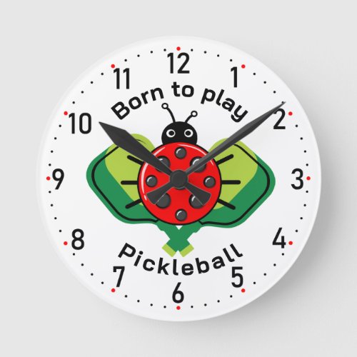 Cute pickleball ladybug white  Round Clock