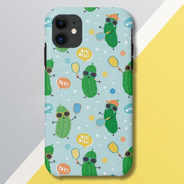 Cute Pickles playing Pickleball on light blue Case-Mate iPhone Case (Creator Uploaded)