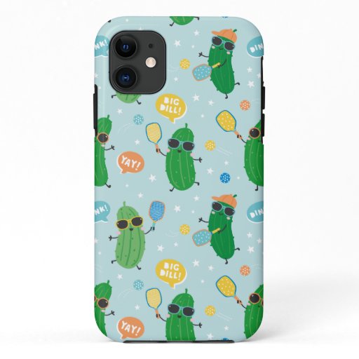 Cute Pickles playing Pickleball on light blue iPhone 11 Case