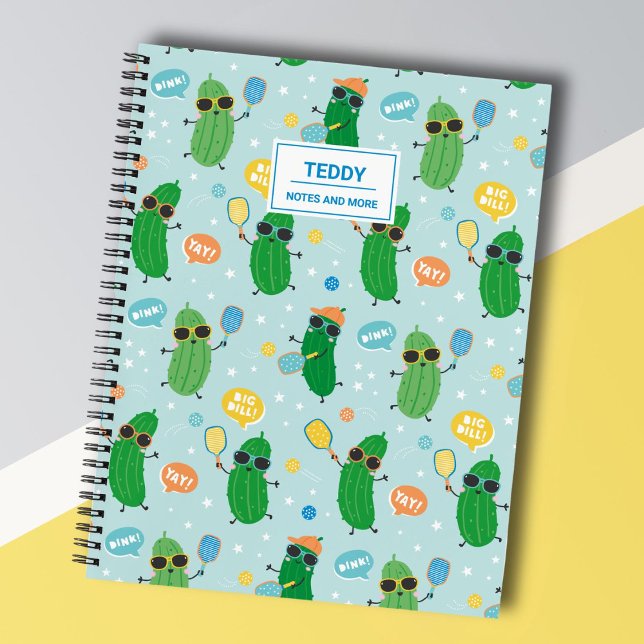 Cute Pickles playing Pickleball on light blue Notebook (Creator Uploaded)