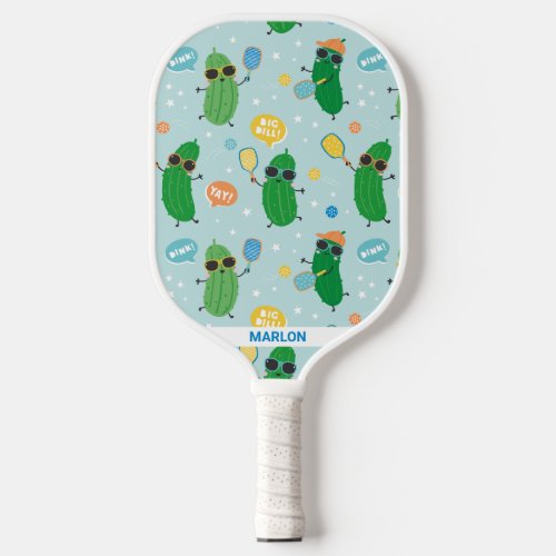 Cute Pickles playing Pickleball on light blue Pickleball Paddle
