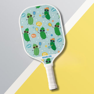 Cute Pickles playing Pickleball on light blue Pickleball Paddle