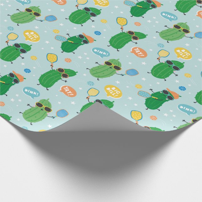 Cute Pickles playing Pickleball on light blue Wrapping Paper (Corner)