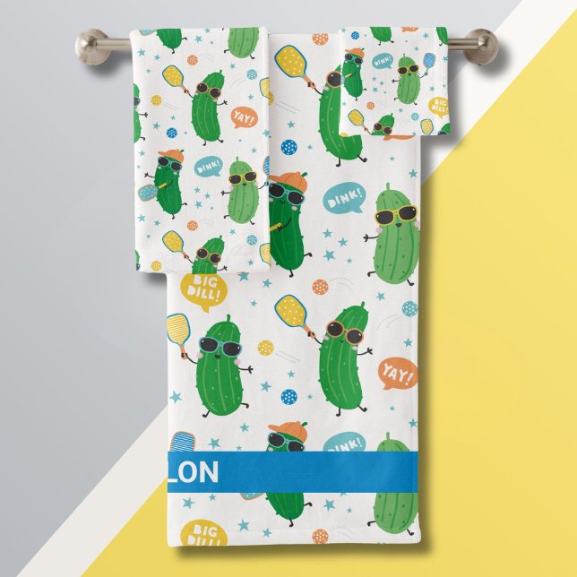 Cute Pickles playing Pickleball on white Bath Towel Set (Creator Uploaded)