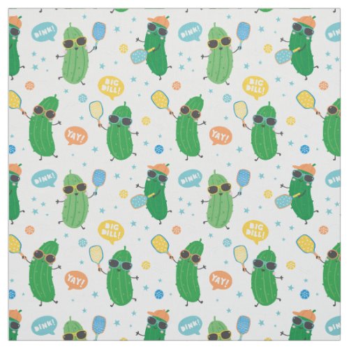 Cute Pickles playing Pickleball on white Fabric