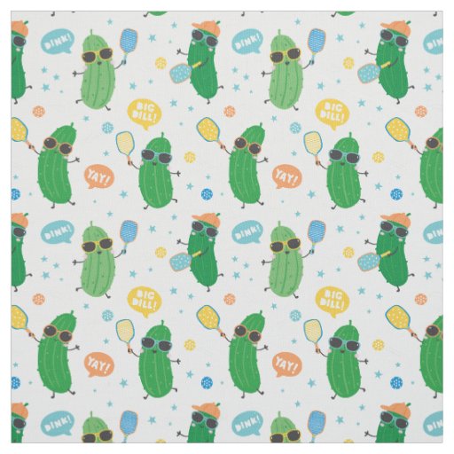 Cute Pickles playing Pickleball on white Fabric