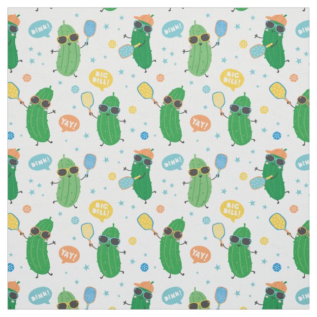 Cute Pickles playing Pickleball on white Fabric (Swatch)