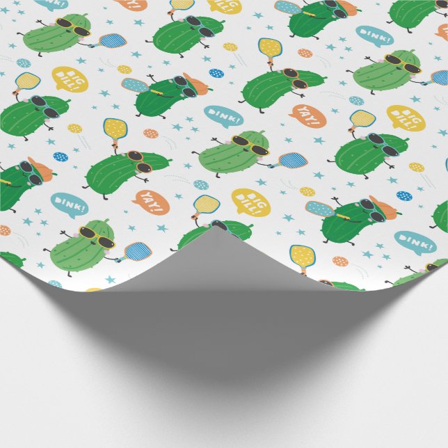Cute Pickles playing Pickleball on white Wrapping Paper (Corner)