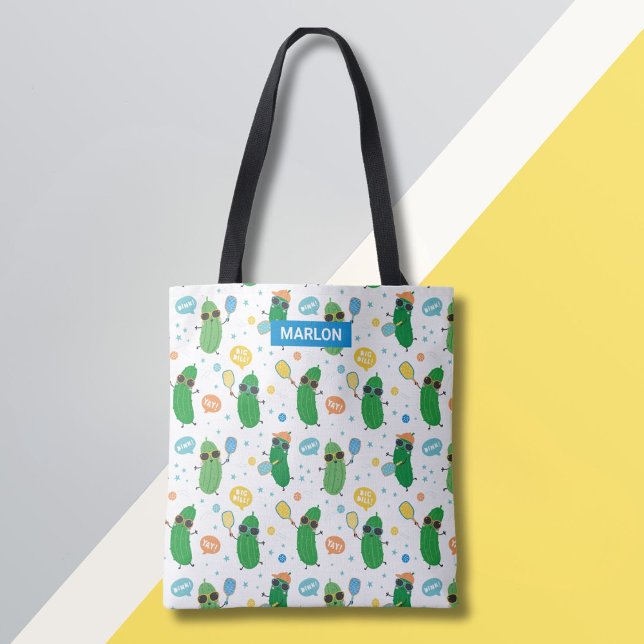 Cute Pickles playing Pickleball Tote Bag (Creator Uploaded)