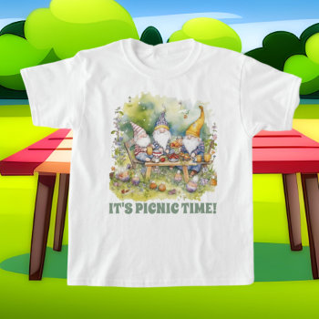 Cute Picnic Add Text Gnomes  T-shirt by DoodlesGifts at Zazzle