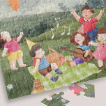 Cute Picnic Birthday Kids Girl Party Favor Jigsaw Puzzle<br><div class="desc">This fun and cute kid's birthday jigsaw puzzle features a joyful picnic scene surrounded by nature, fresh air and sunny skies. We see kids playing, a kite flying, a balloon, a cake, a guitar, a picnic basket and a little bird sitting on a balloon. This cute and delightful puzzle is...</div>